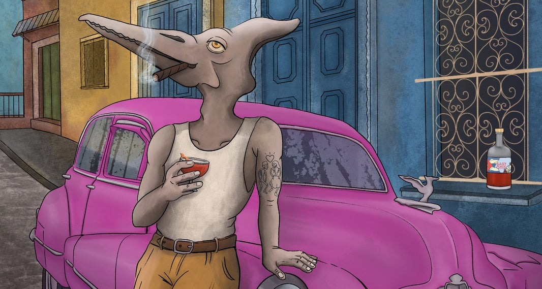 An illustration of a Havana street: a character with a cigar and a coupe leans on a pink car, a bottle of Baby Otis on the window sill